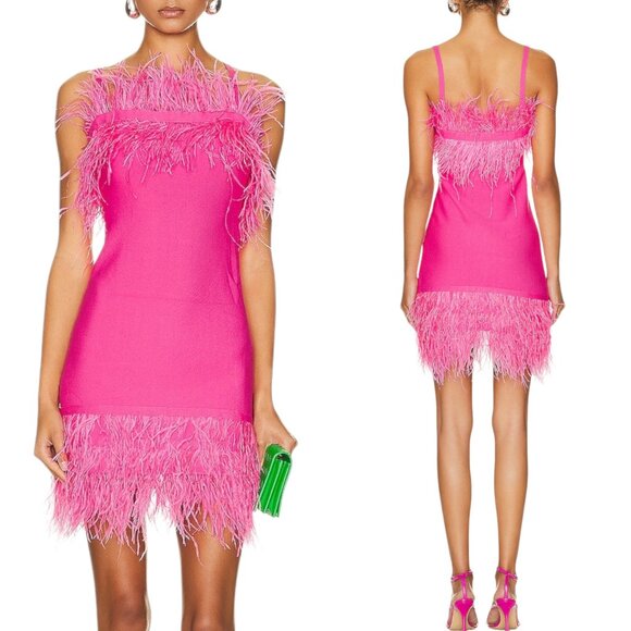 Staud - NWOT, Women’s ‘Etta’ Ostrich Feather Mini Dress in Shocking Pink, Small - Picture 1 of 12